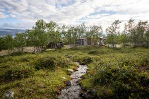 a stream in a field with a house in the background at Villa Pikku Saana in Kilpisjärvi