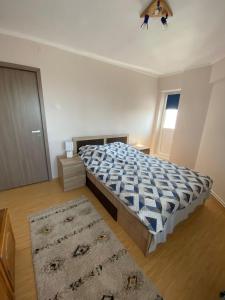 a bedroom with a bed and a rug in it at Sunrise Apartment in Constanţa