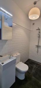 La salle de bains est pourvue de toilettes blanches et d'un lavabo. dans l'établissement Lovely 1 bedroom apartment with garden, à Amsterdam