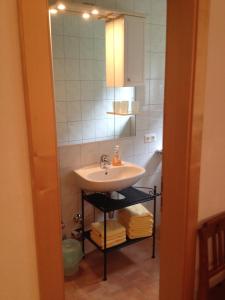a bathroom with a sink and a mirror at Zum Fuhrmann in Neustift im Stubaital +27 photos
