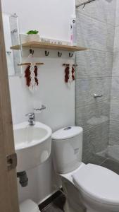 a bathroom with a white toilet and a sink at Home Eliz El espacio perfecto in Cartago