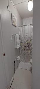a bathroom with a shower curtain and a toilet at apartment villas de loiza in Canovanas