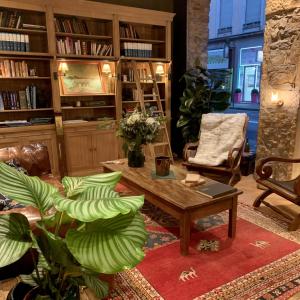 een woonkamer met een salontafel en boekenplanken bij Hôtel Tête d'or in Lyon