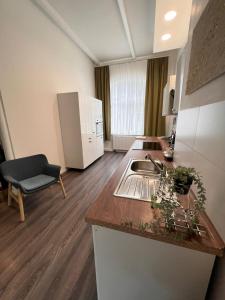 eine Küche mit einer Spüle und einer Arbeitsplatte in der Unterkunft Luxus Citywohnung in Hannover in Hannover