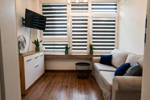 salon z kanapą i oknem w obiekcie Komfortowe studio w centrum miasta nr 1 w Radomiu