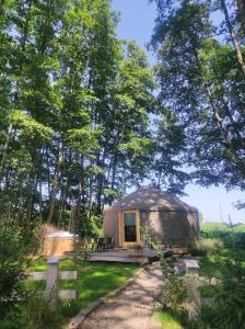 a yurt in the middle of a field with trees at FORGLAMP in Bydgoszcz