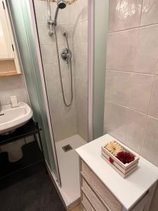 a bathroom with a shower with a sink and a counter top at Il piccolo rifugio - Casa Valtournenche in Valtournenche