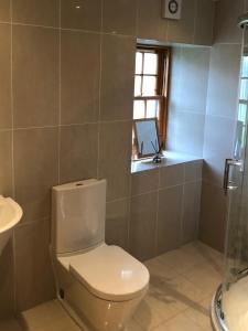 a bathroom with a toilet and a sink and a window at Old Tynribbie House - Comfortable Detached House in Appin