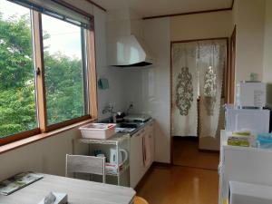 a kitchen with a stove and a refrigerator and a window at Apartment House Akita in Akita