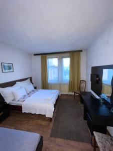 ドブリニシュテにあるGuest house Elitのベッドとテレビが備わるホテルルームです。