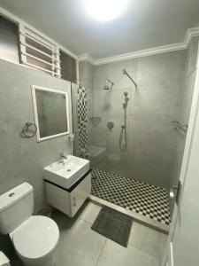 a bathroom with a shower and a toilet and a sink at Cozumel 206 in Umdloti