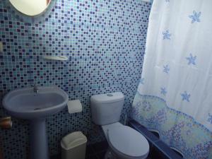 a bathroom with a toilet and a sink and a shower curtain at Cartago Bay in Puerto Villamil