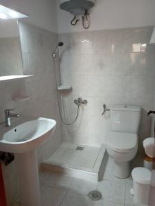 ein Bad mit einer Dusche, einem WC und einem Waschbecken in der Unterkunft Sofirene I in Batsi