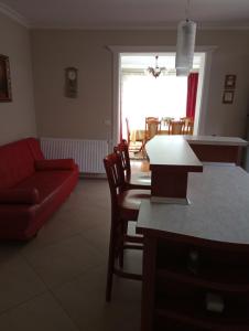 a living room with a table and a red couch at Casa Andrei in Haţeg
