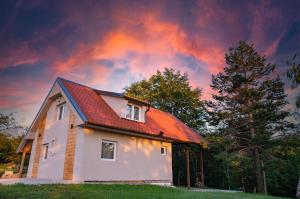una casa con un techo rojo bajo un cielo nublado en Forest House Divcibare en Divčibare