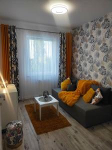 un soggiorno con divano e tavolo di Sun River Apartament Iława a Iława