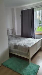 sypialnia z łóżkiem z oknem i zielonym dywanem w obiekcie Spokojna APT w mieście Katowice