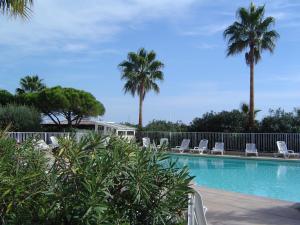 a swimming pool with chairs and palm trees at Appartement Cap Hermès in Fréjus