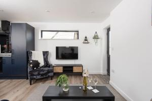 a living room with a tv and a couch at Bay Dream, St Ives in Carbis Bay