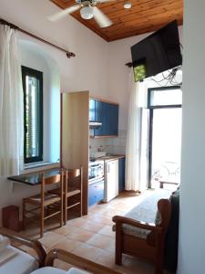 a living room with a kitchen with a table at Skardamoula's Studios and Apartments, 2 in Kardamyli