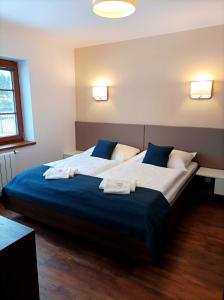 - une chambre dotée d'un grand lit avec des draps bleus dans l'établissement Apartmánový dům Michael, à Lipová-lázně