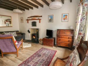 a living room with a couch and a fireplace at Cysgod Y Coed in Machynlleth