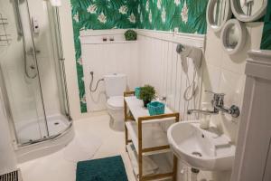 een badkamer met een douche, een toilet en een wastafel bij Apartament Staromiejski Zakątek in Toruń