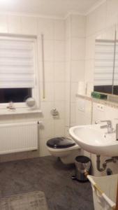 a white bathroom with a toilet and a sink at Ferienwohnung DaWie in Öhringen