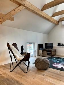 a living room with a chair and a table at NJOLA in Sohland am Rotstein