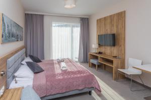 ein Hotelzimmer mit einem Bett und einem TV in der Unterkunft Aparthotel Apartamenty Czarna Góra 113 in Heudorf