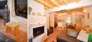 2 fotos de una sala de estar con chimenea en Forest house, en Cetinje