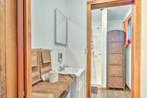 Cozy Newton Lake Cottage with View of the Lake! في Carbondale: حمام مزود بحوض ومِرآة +16 صورة