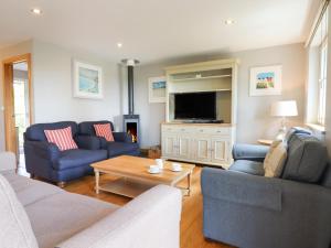 a living room with two blue couches and a tv at Swandown, 18 Netherhaye in Chard