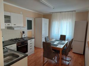 uma cozinha com uma mesa com cadeiras e um lavatório em Casa Mario em Oradea