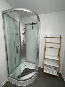 a shower with a glass enclosure in a bathroom at Fewos Familie Krysik in Lühmannsdorf