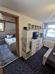 a room with a bedroom with a bed and a television at Fewos Familie Krysik in Lühmannsdorf