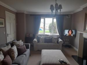 a living room with a couch and a tv at 112 Roseberry Hill in Newbridge