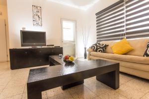 a living room with a couch and a television at Sunlight Holiday Apartment in Arad