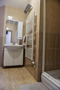 a bathroom with a sink and a mirror and a tub at DORA in Ðakovo +9 photos