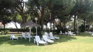 grupa białych krzeseł i parasol w trawie w obiekcie HUELVA PLAYAS DEL SUR w mieście El Portil