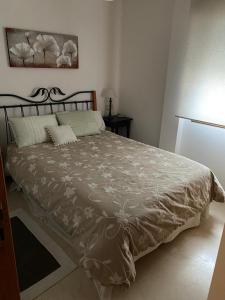 een slaapkamer met een groot bed met een bruin dekbed bij precioso apartamento con vistas al mar in Sanxenxo