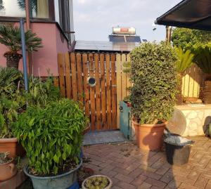a garden with potted plants and a wooden fence at Villa Captains in Formia