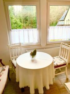 a table and two chairs in a room with two windows at Kuckuckswinkel Ferienwohnung Zarah in Schöna +12 photos