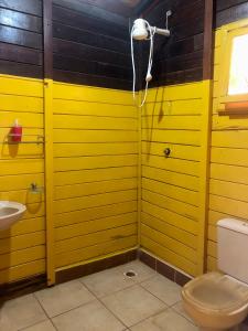 a yellow bathroom with a toilet and a sink at Estância Agnus Dei in Pirenópolis