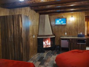 a bedroom with a fireplace and a bed and a television at Club Tejamaniles in Los Azufres