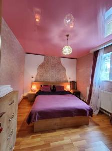 a bedroom with a large bed with a purple ceiling at Guest House Elguja Qushashvili in Stepantsminda