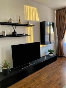 a living room with a large flat screen tv at Cozy Apartment Bernburg 1 in Roschwitz