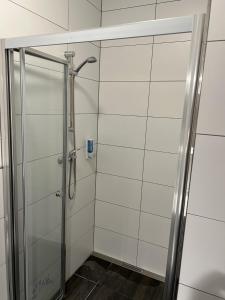 a shower with a glass door in a bathroom at Hotel Pasa Paradies KOSTENLOSE PARKPLÄTZE in Hanau am Main