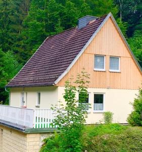 una casa grande con techo marrón en una colina en Kuckuckswinkel- Ferienwohnung Lilian en Schöna