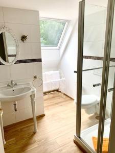 a bathroom with a sink and a toilet and a mirror at Kuckuckswinkel- Ferienwohnung Lilian in Schöna